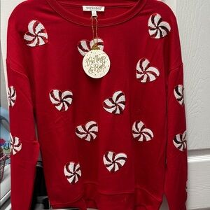 WORKSHOP NWT LONG sleeve heart shaped sequined red and white peppermints